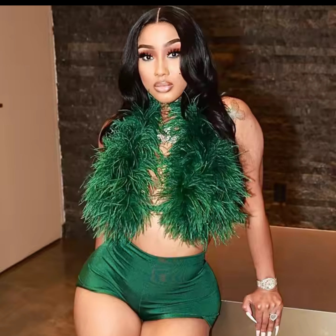 Feather Bodycon Two Pieces Set