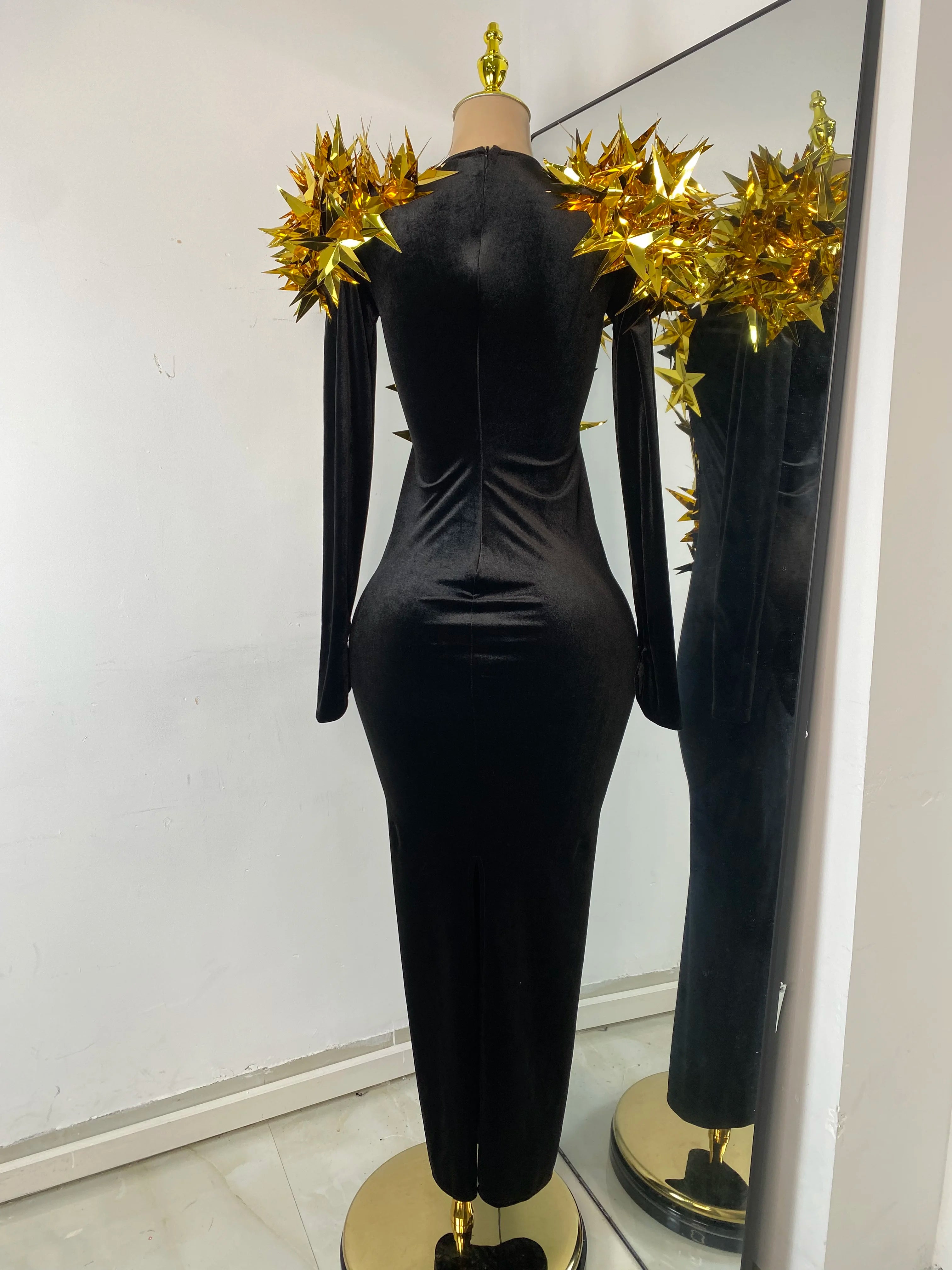 Gold Star Black Velvet Dress