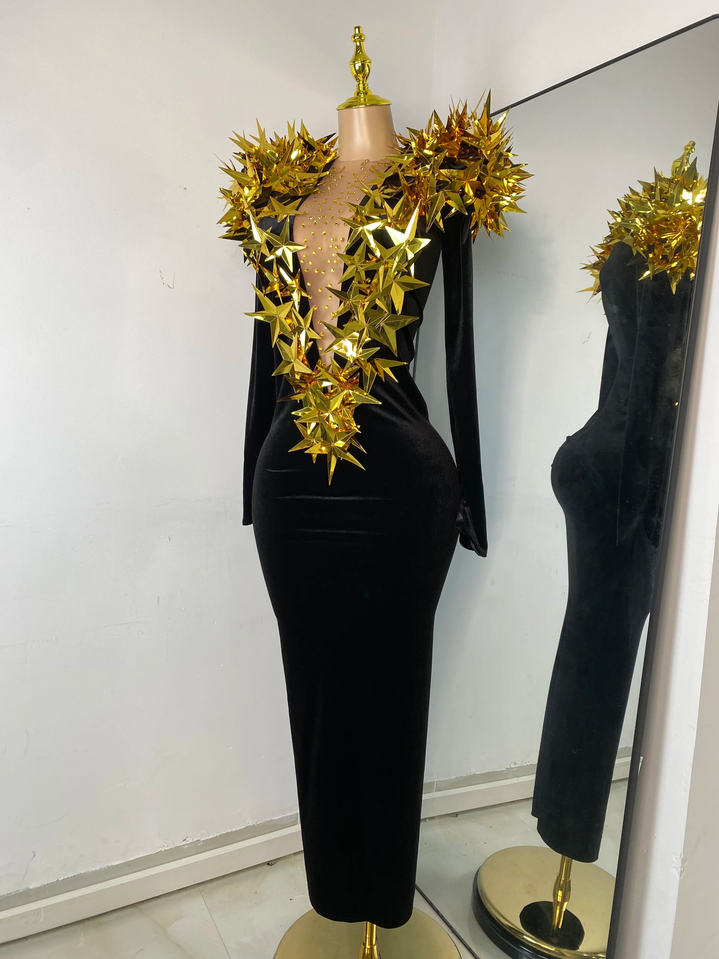 Gold Star Black Velvet Dress
