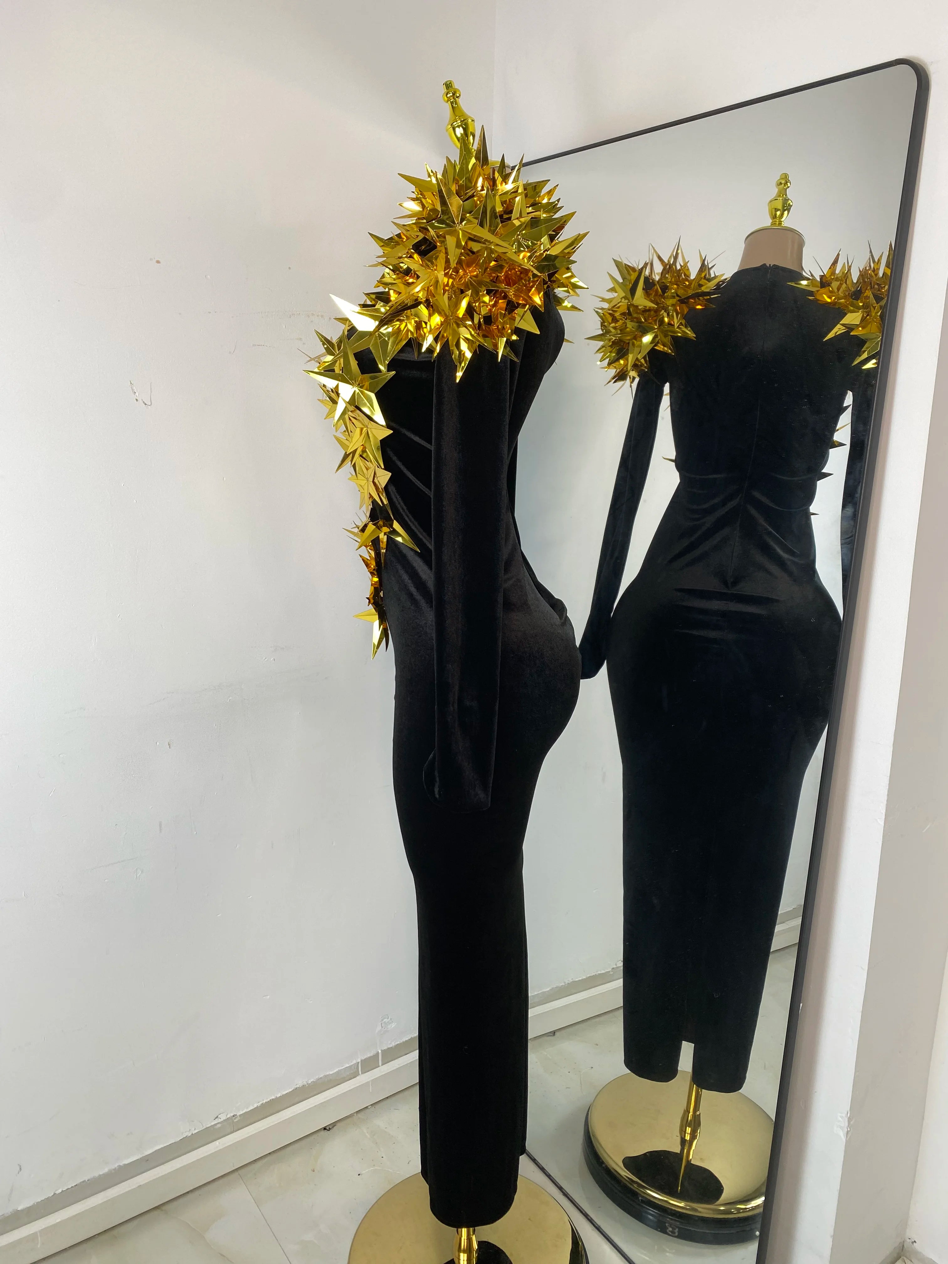 Gold Star Black Velvet Dress