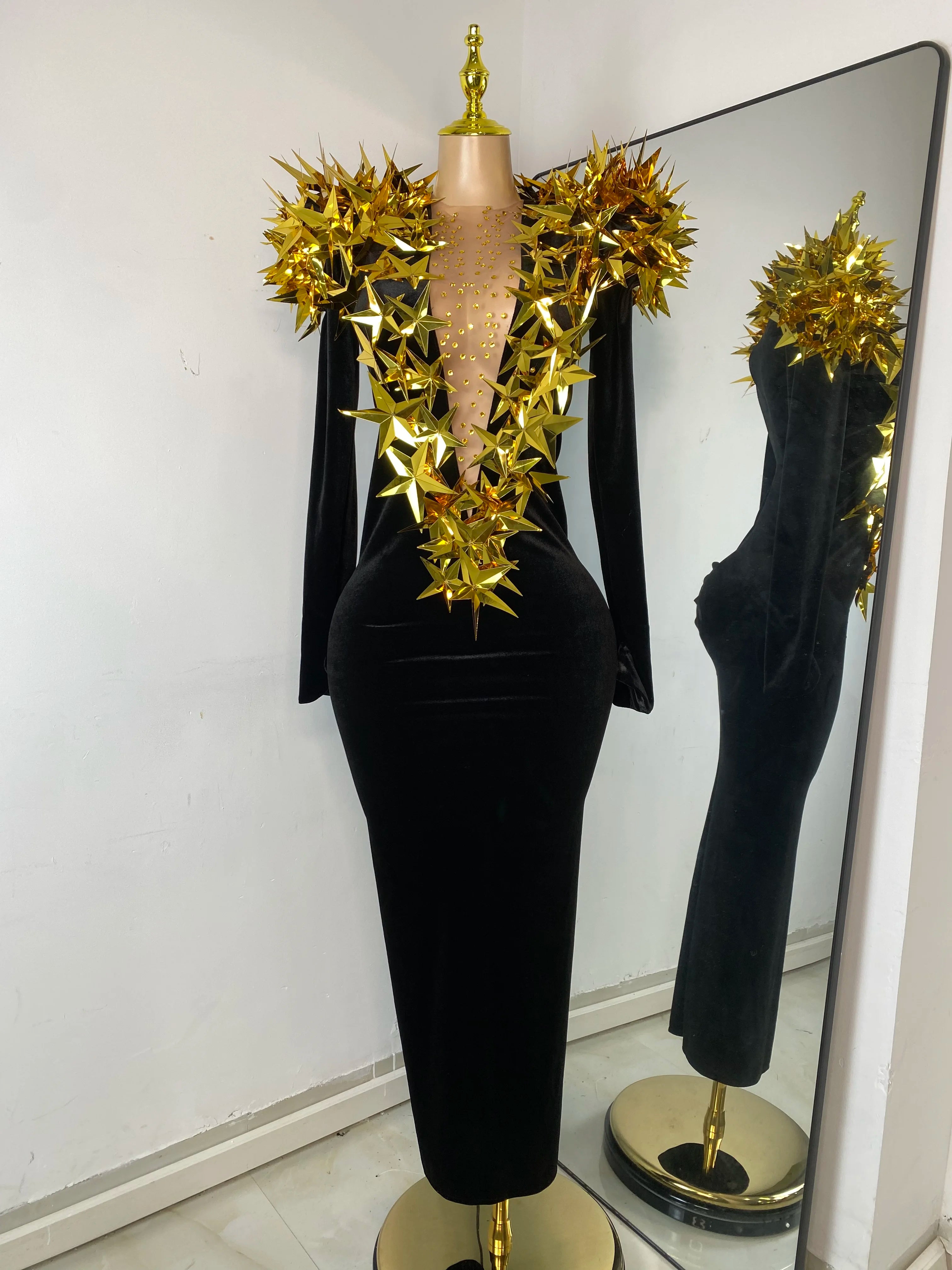 Gold Star Black Velvet Dress