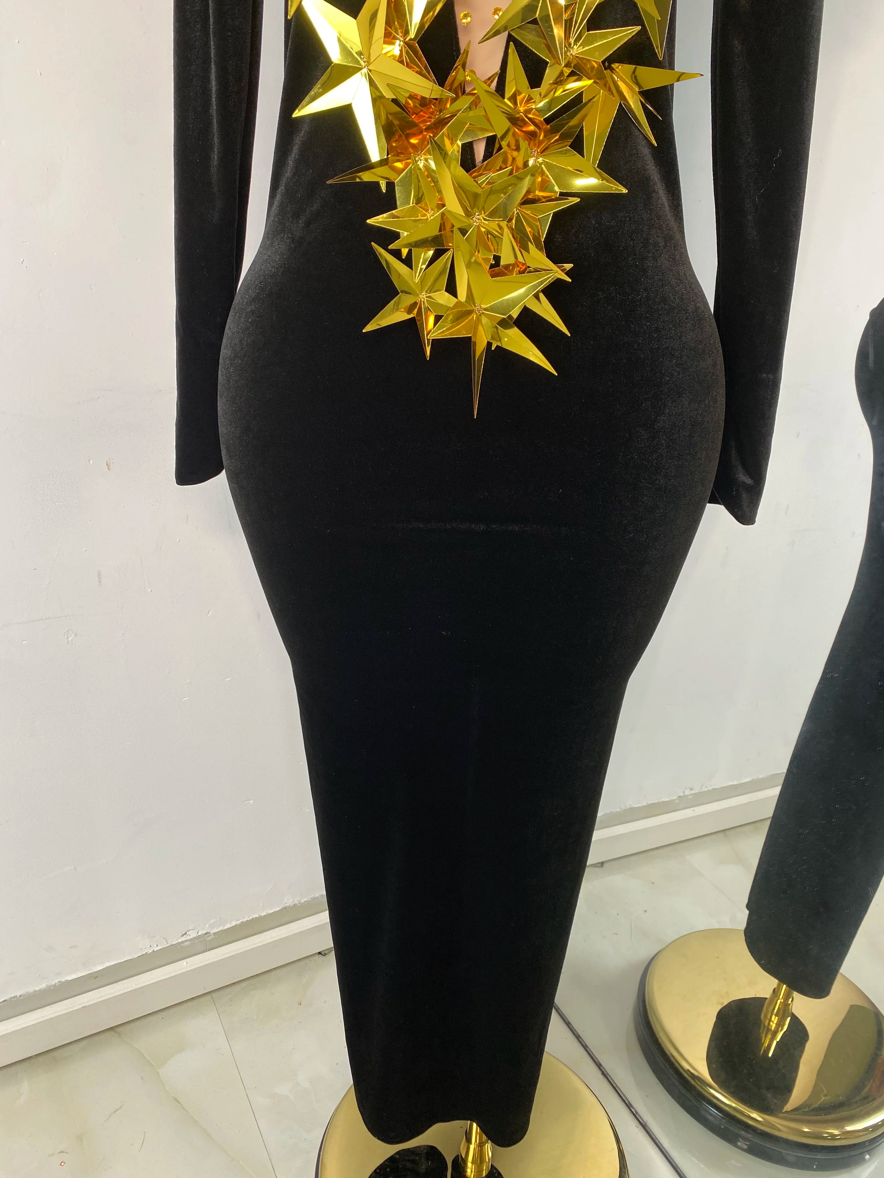 Gold Star Black Velvet Dress